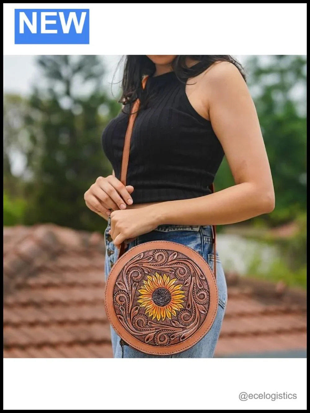 Hand-Stitched Full-Grain Leather Sunflower Crossbody Bag with Convertible Strap